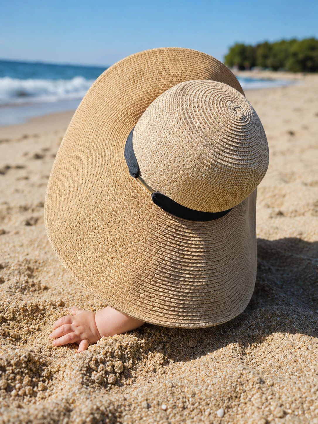 Dziecko na plaży osłonięte dużym kapeluszem przeciwsłonecznym
